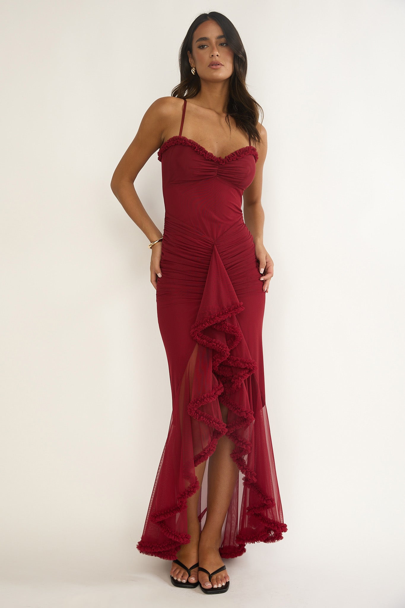 Noelia Gathered Waist Frill Trim Maxi Dress Wine