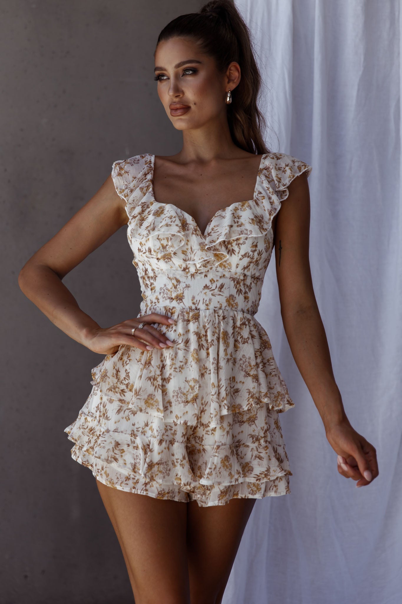 Revel Ruffle Trim Tied Back Romper Floral Yellow