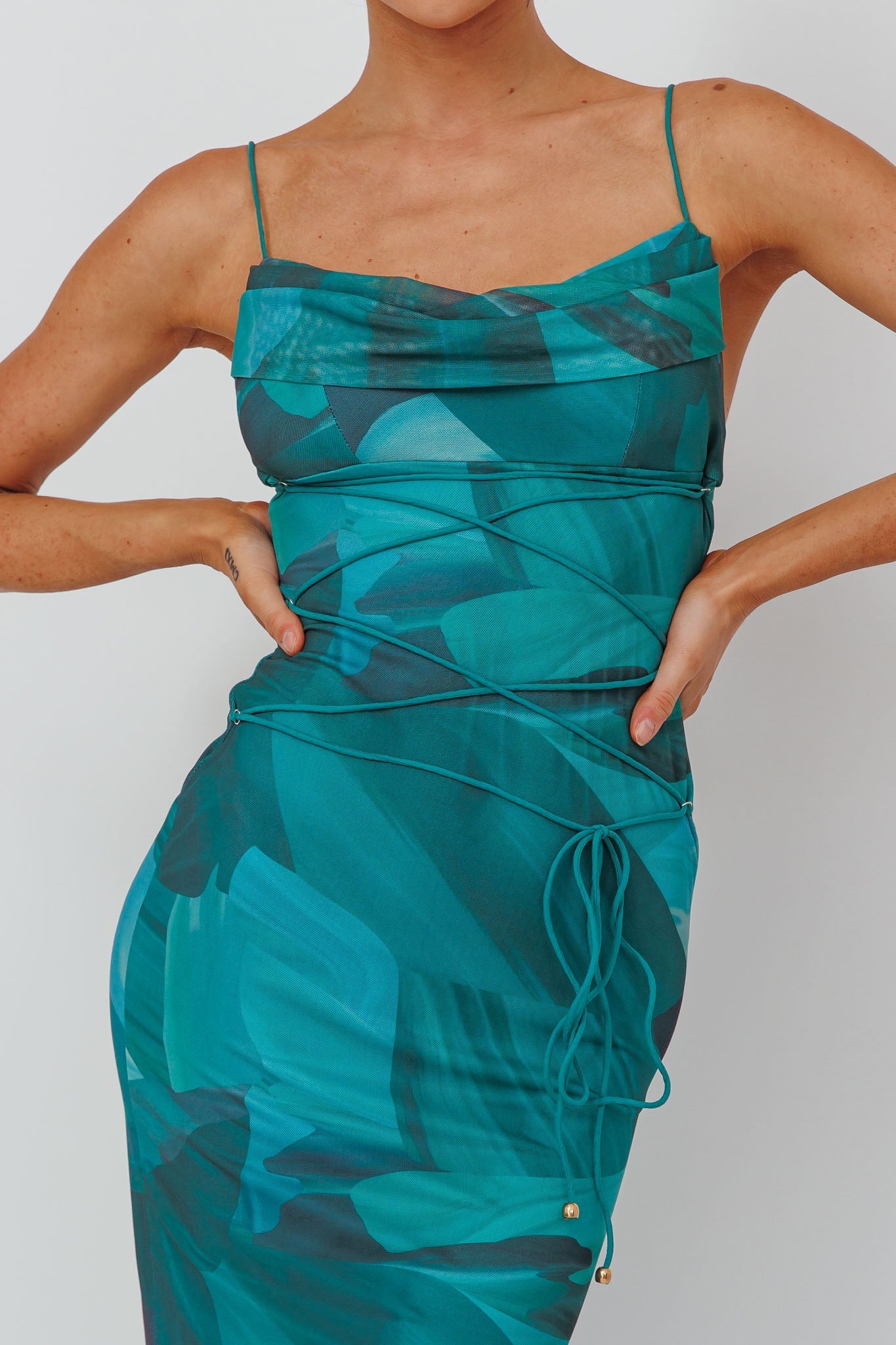 Teava Laced Waist Maxi Dress Abstract Green