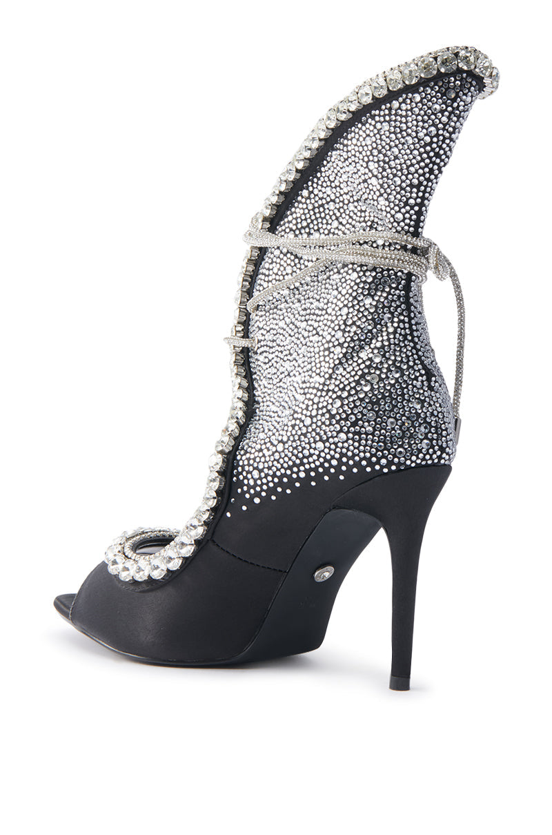 AZALEA WANG MICAELA BLACK SILVER RHINESTONE OPEN TOE LACE UP STILETTO BOOTIE