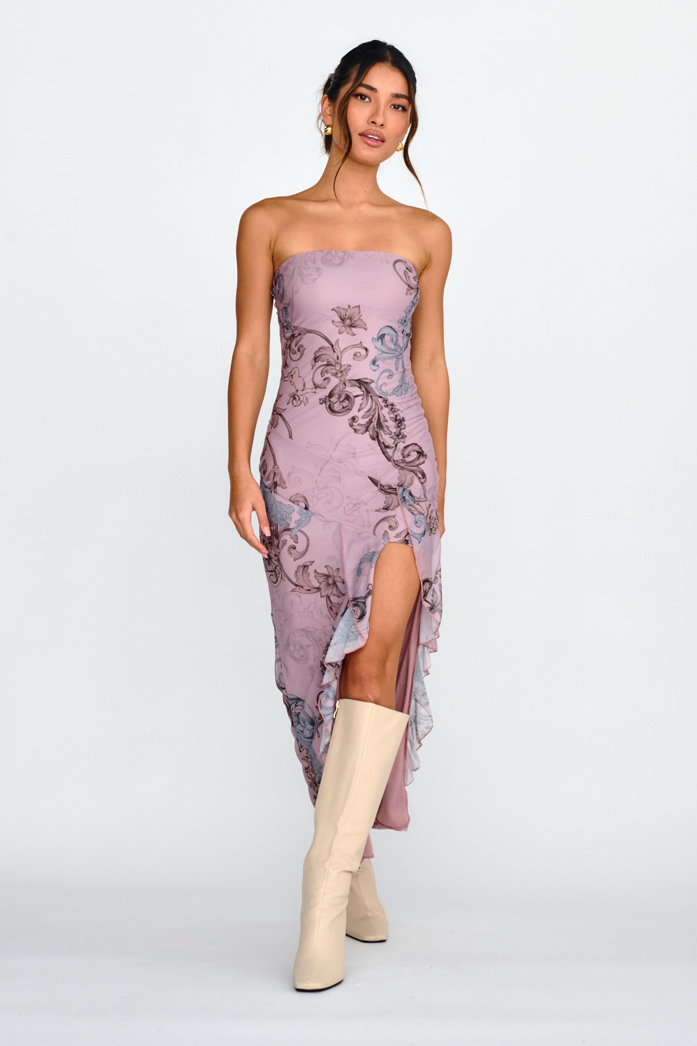 Shelby Strapless Ruffle Split Midi Dress Mauve