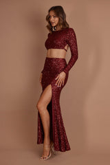 Nights In Monaco Split Sequin Maxi Skirt Burgundy