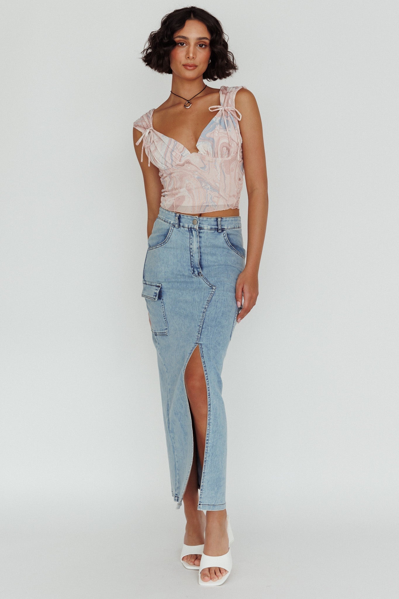 Fairfax Shoulder Tie Crop Top Pink Multi