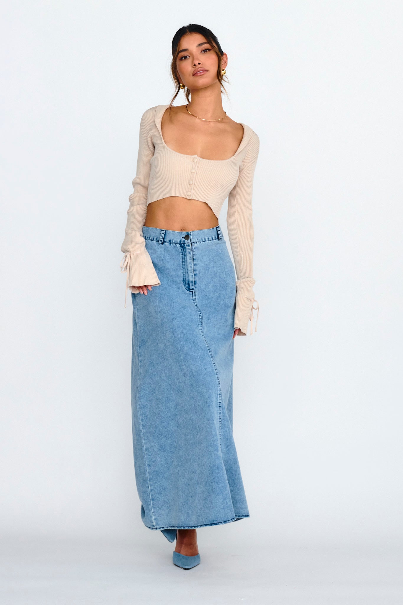 Pippi Flared Cuff Knit Crop Top Taupe