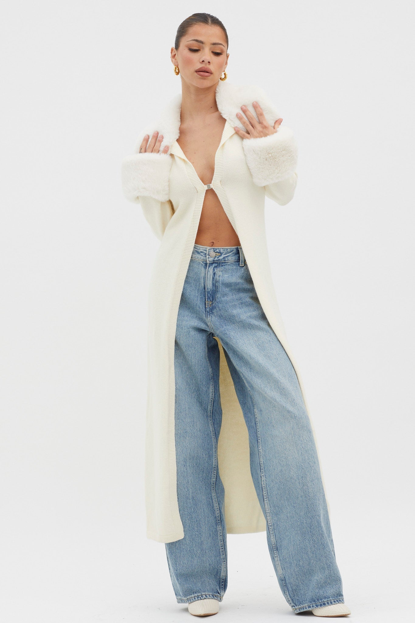 Snowflakes Fur Trim Longline Cardigan Coat Ivory