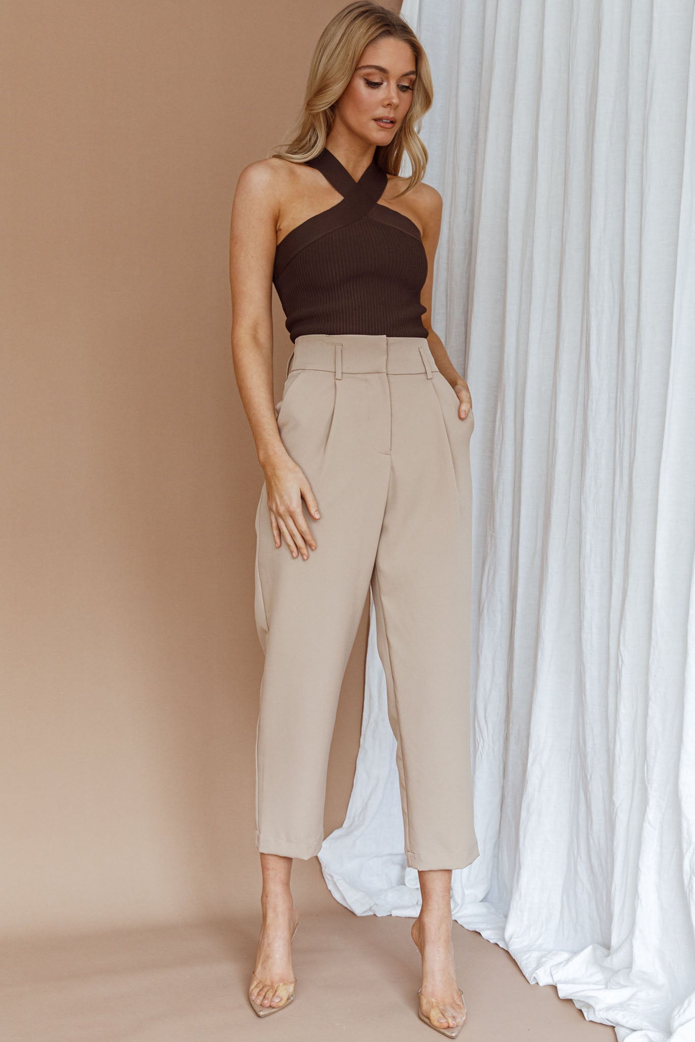 Kansas Crossover Neck Knit Top Brown