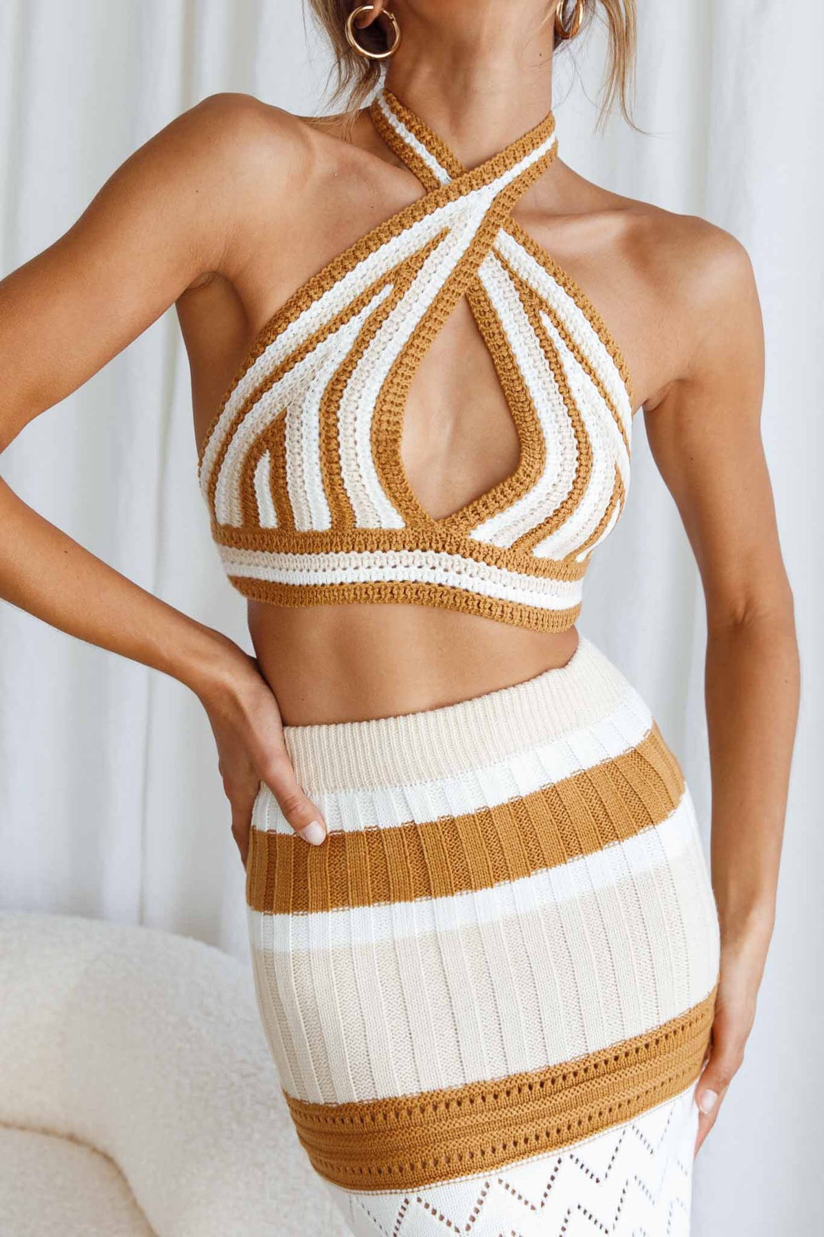 Higher Love Knit Halterneck Crop Top Striped Camel
