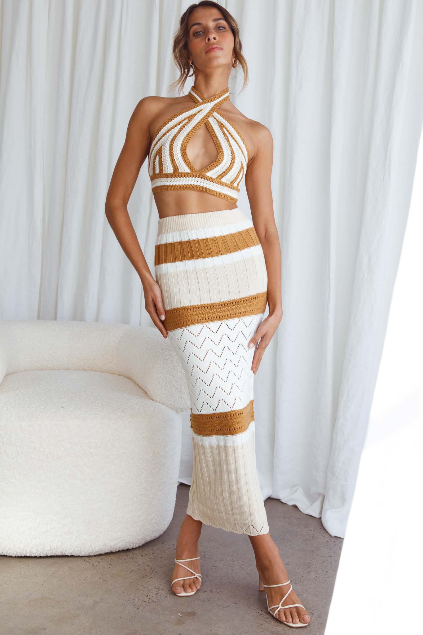 Higher Love Knit Halterneck Crop Top Striped Camel