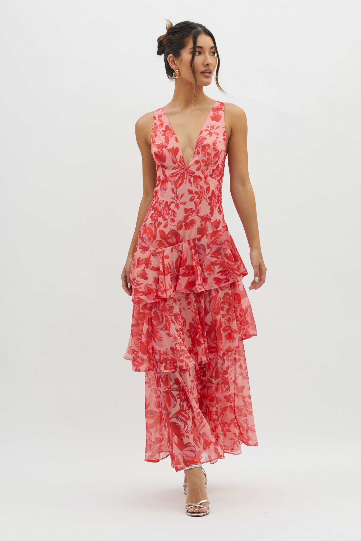 Veda Strappy Back Ruffle Midi Dress Floral Red