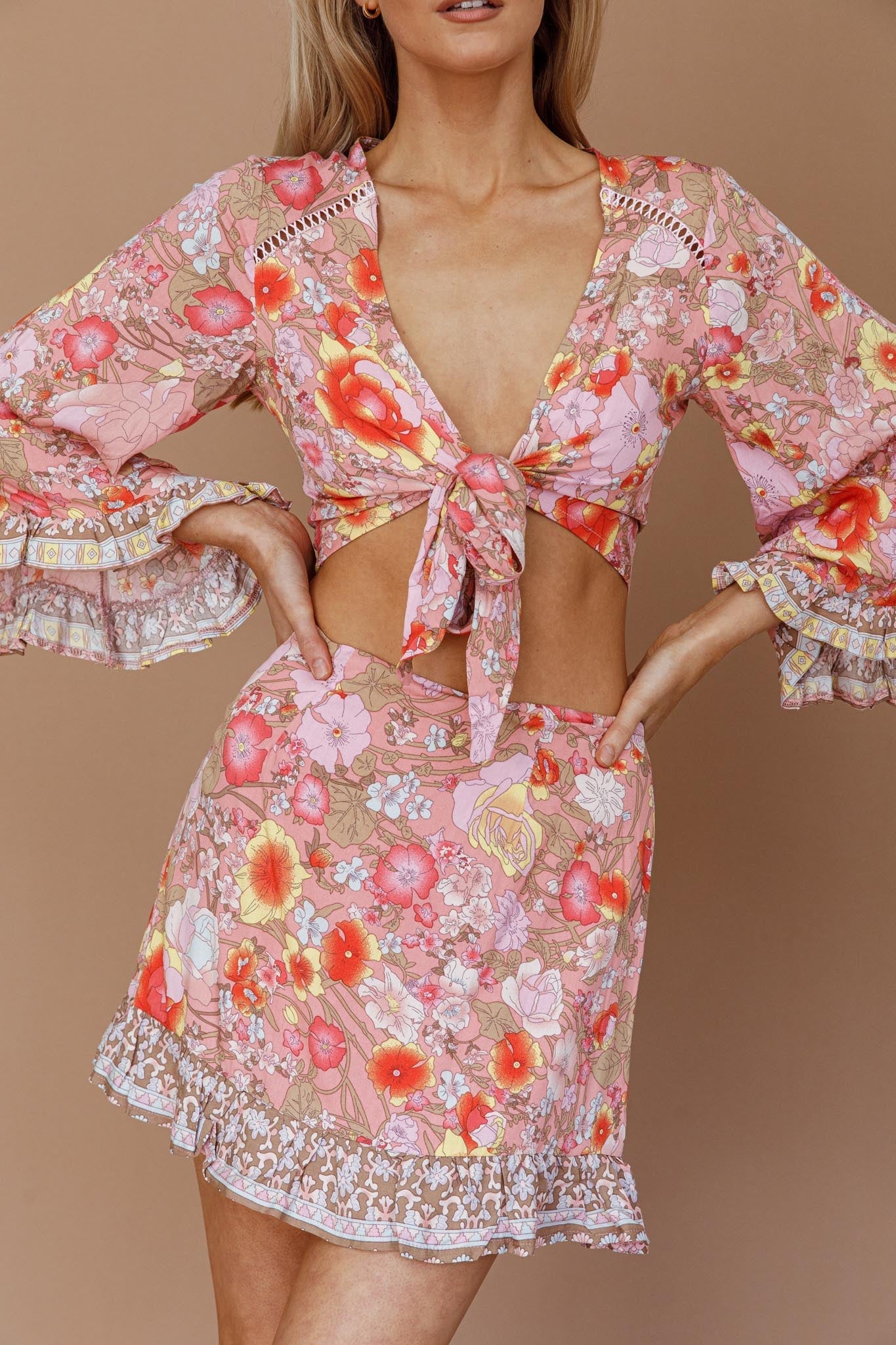 Island Girl Long Sleeve Tied Crop Top Floral Pink