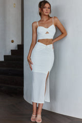One Night Only Twist Waist Split Midi Skirt White