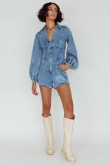 South Beach Long Sleeve Collared Romper Denim