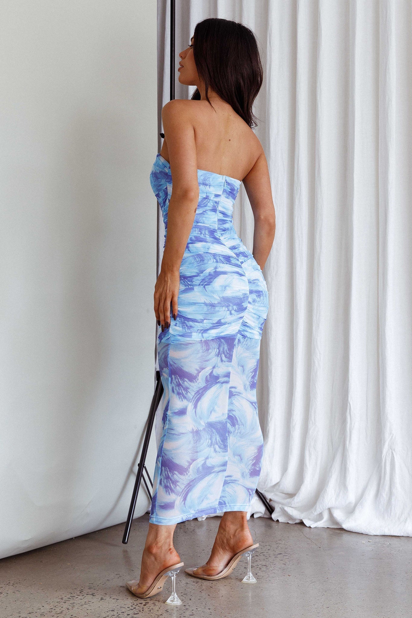 Logan Strapless Ruched Midi Dress Blue