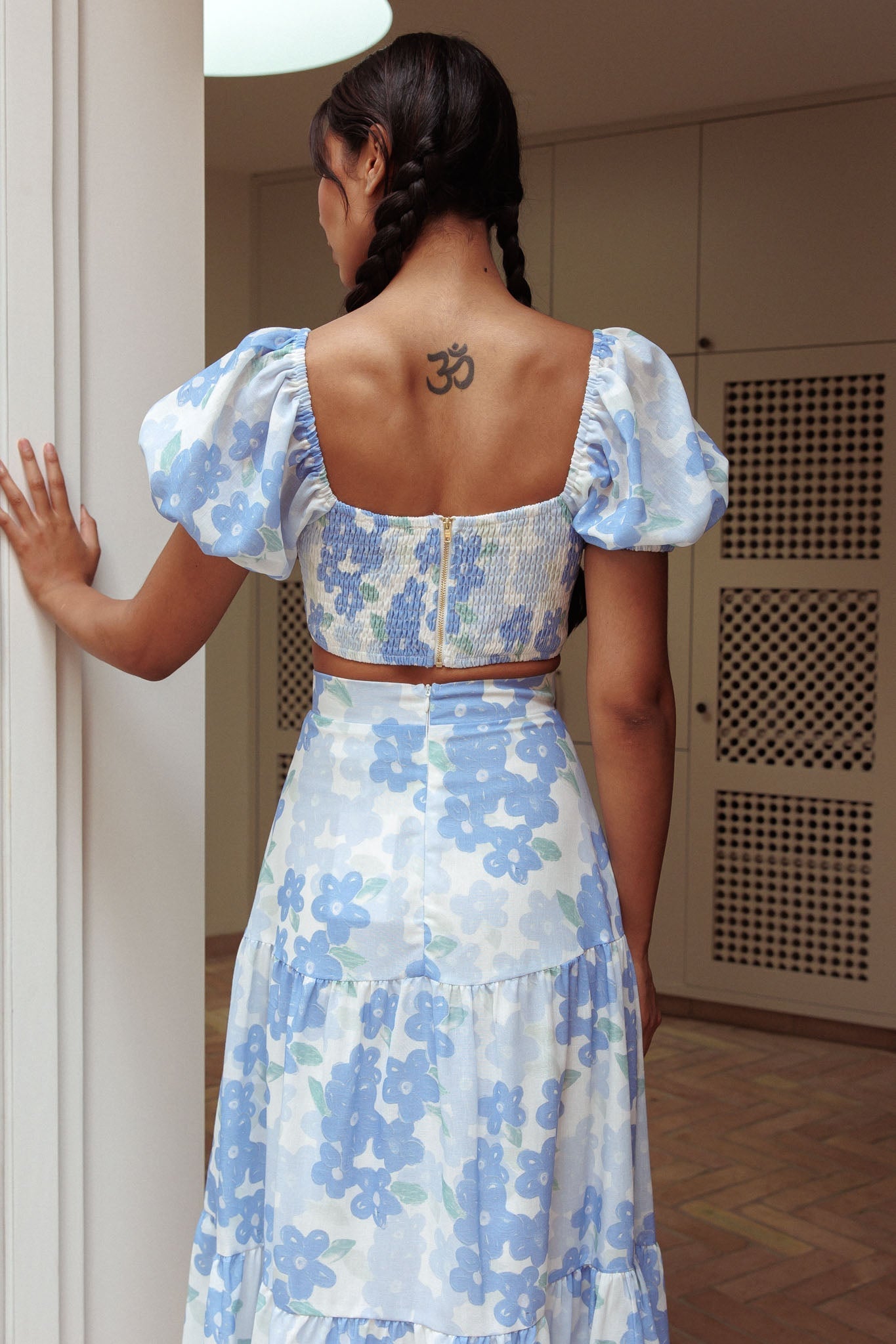 The Moment Puff Sleeve Crop Top Floral Blue