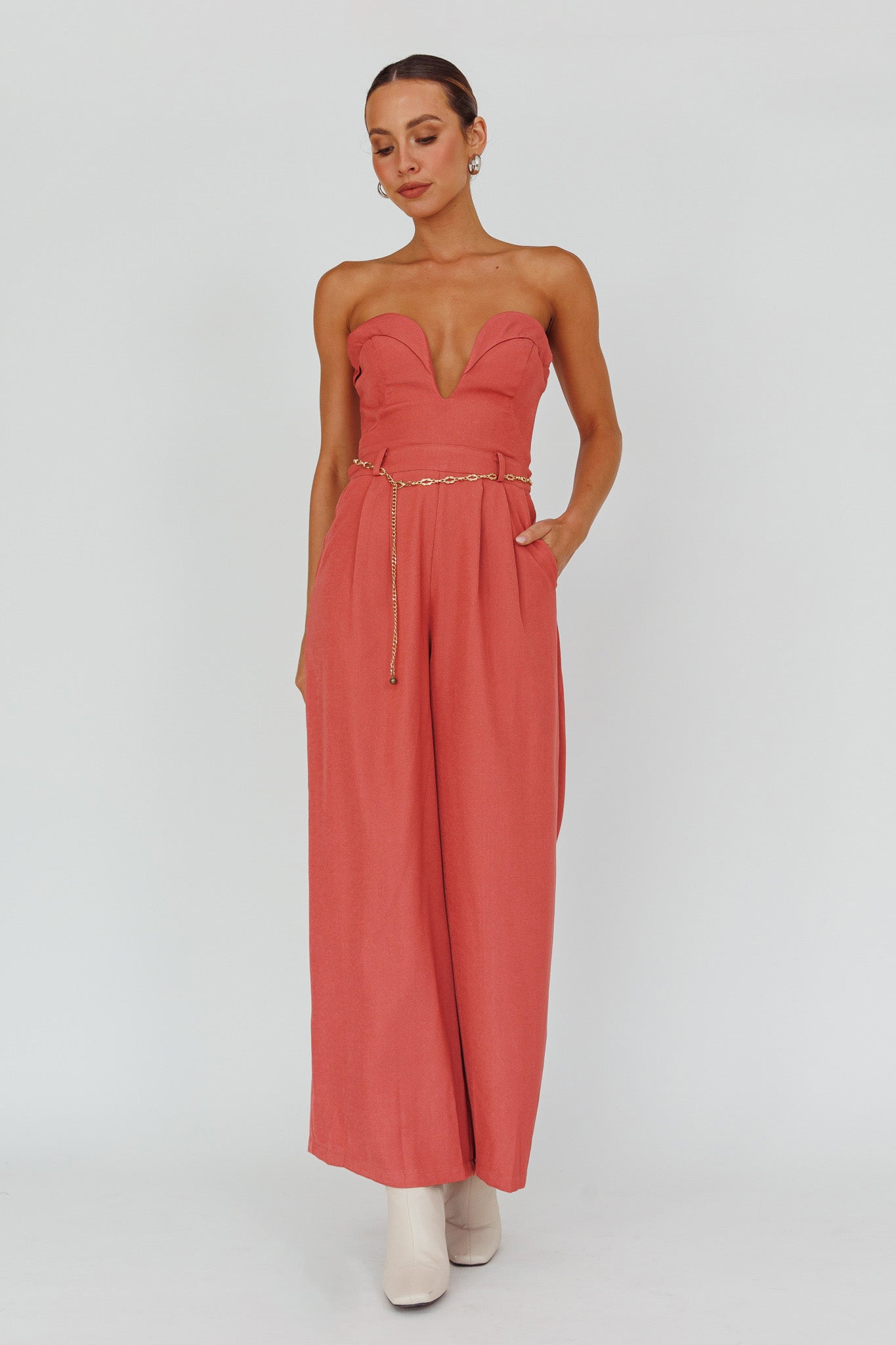 Kayte Strapless Belted Waist Jumpsuit Rose