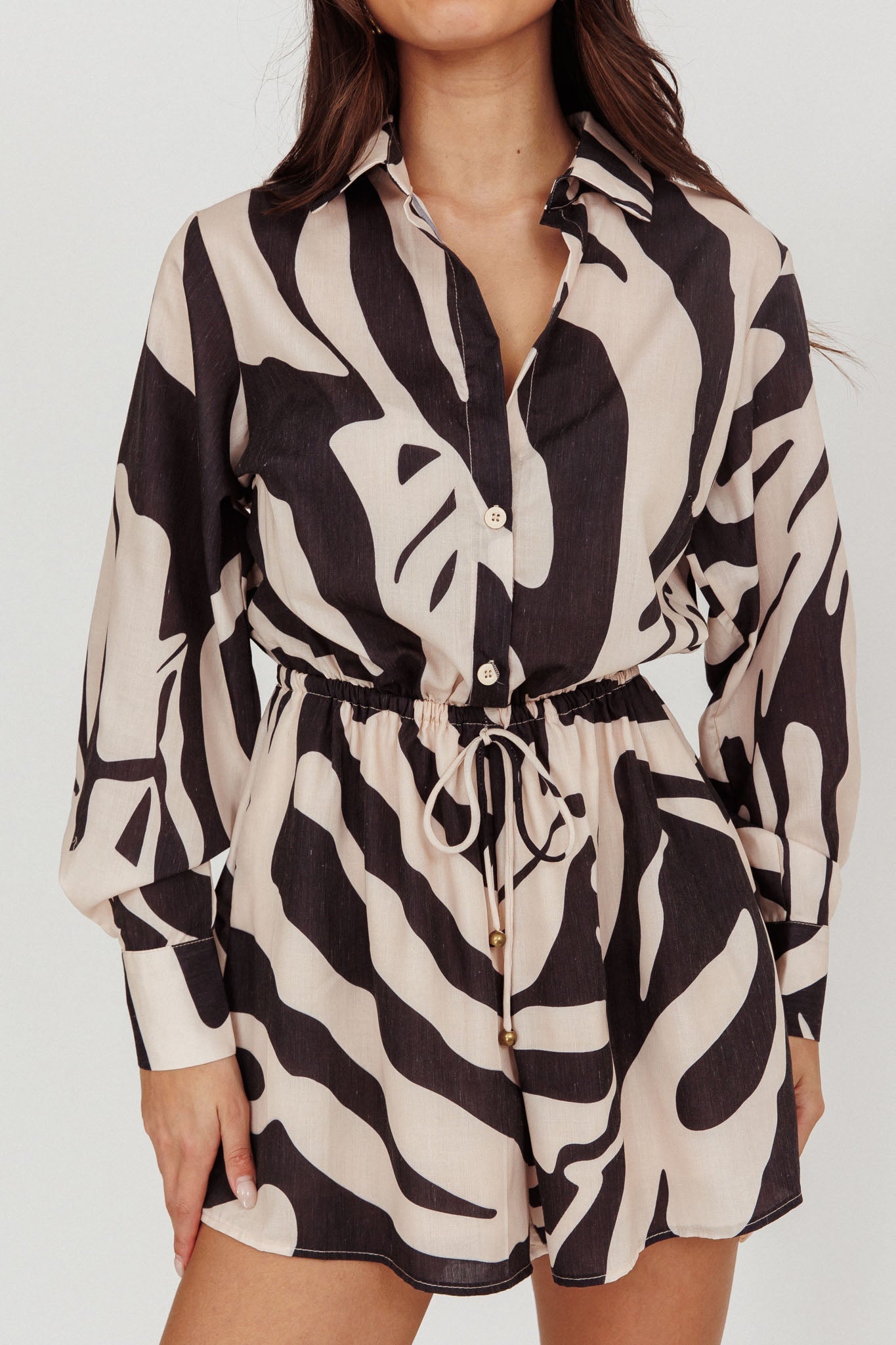 Tiki Long Sleeve Romper Print Beige