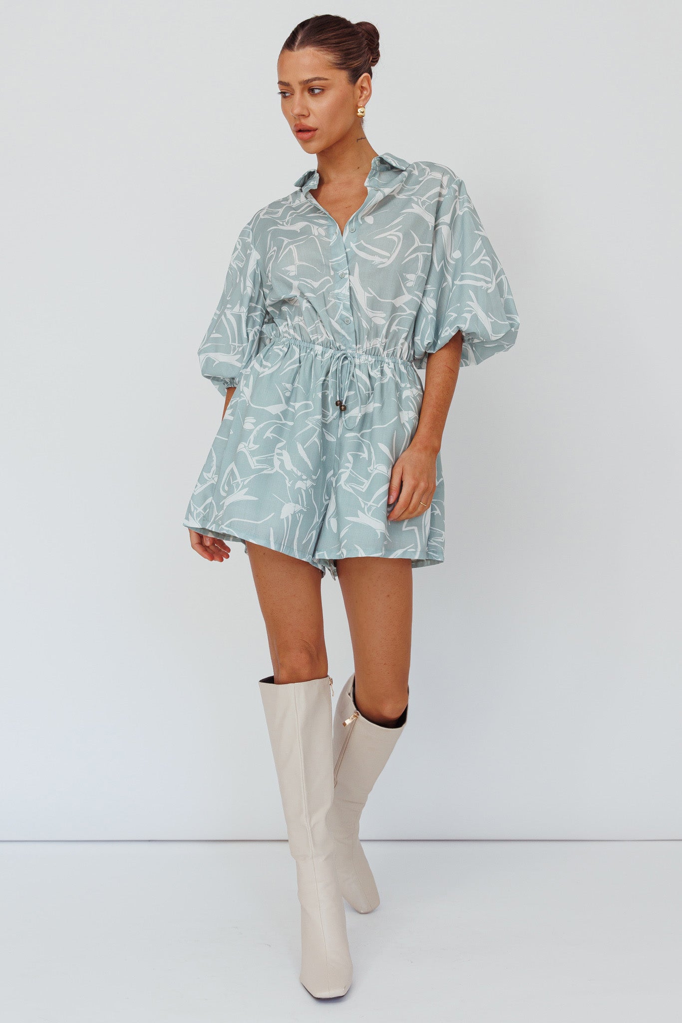 Tiki Puff Sleeve Drawstring Romper Print Sage