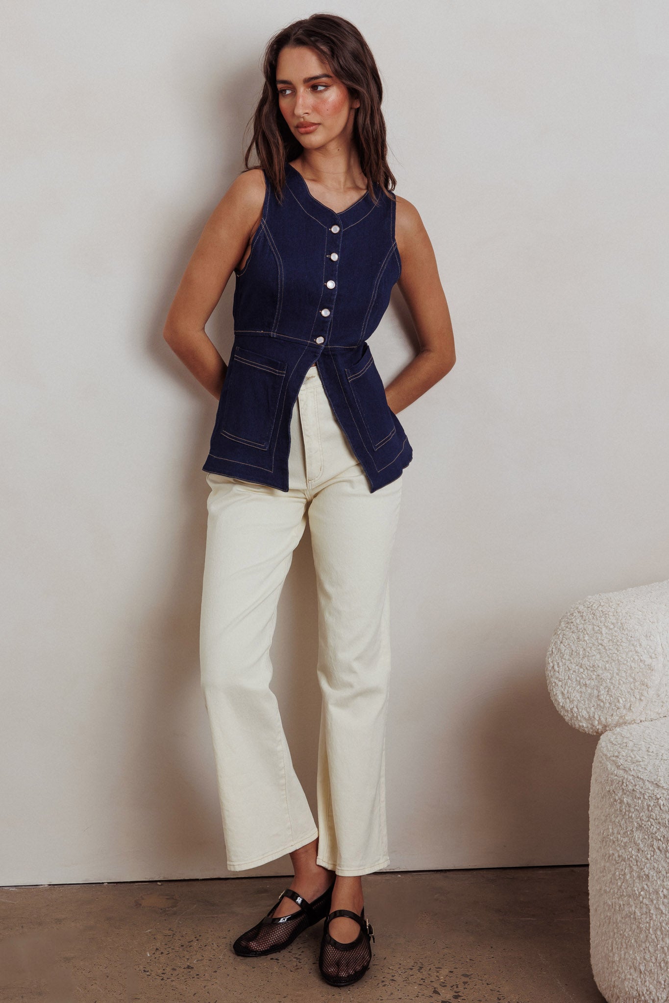 Philomena Button Front Pocket Vest Top Denim