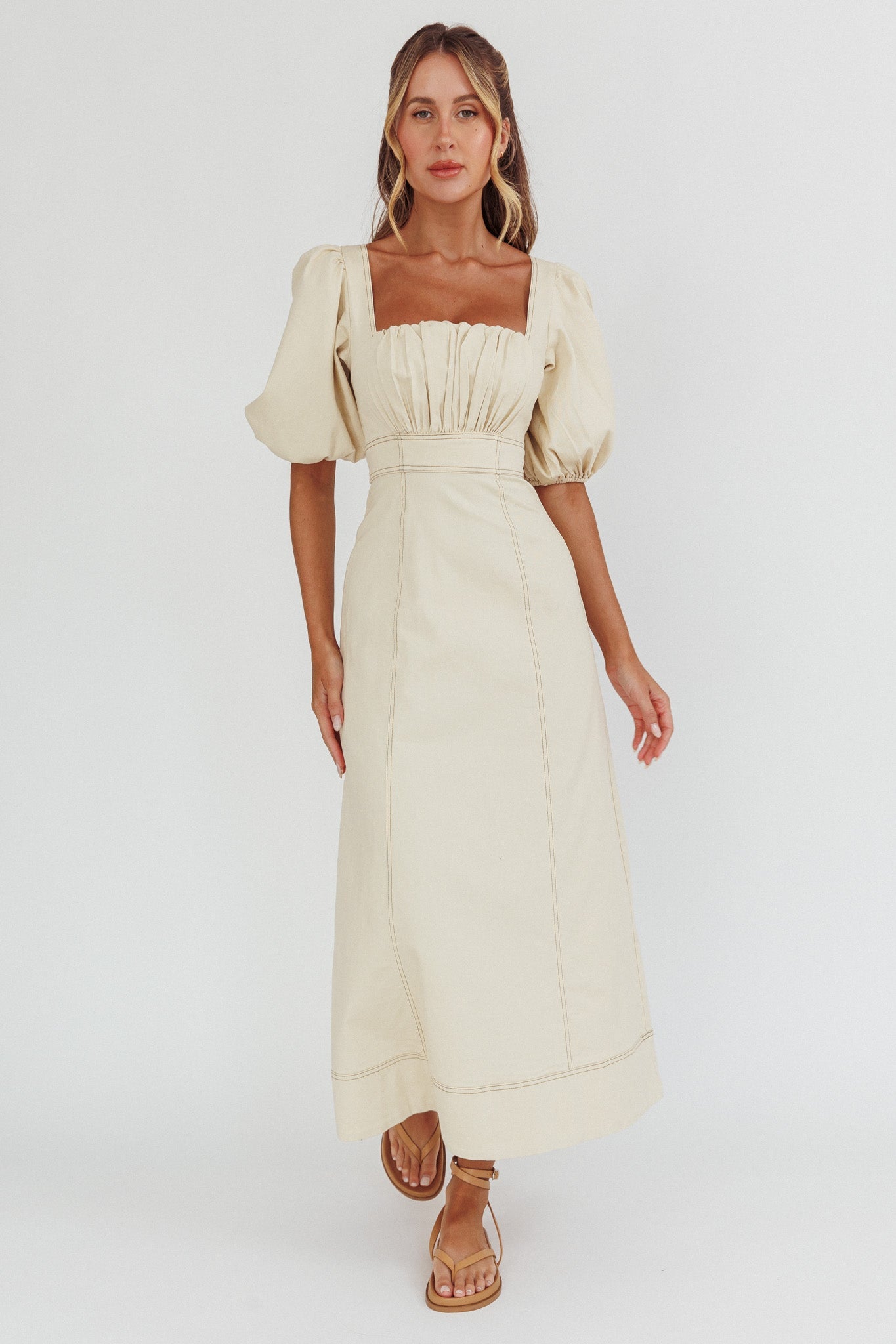 Sibille Puff Sleeve Contrast Stitch Dress Butter