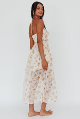 Los Feliz Tied Bust Halterneck Midi Dress Sheer Floral Yellow