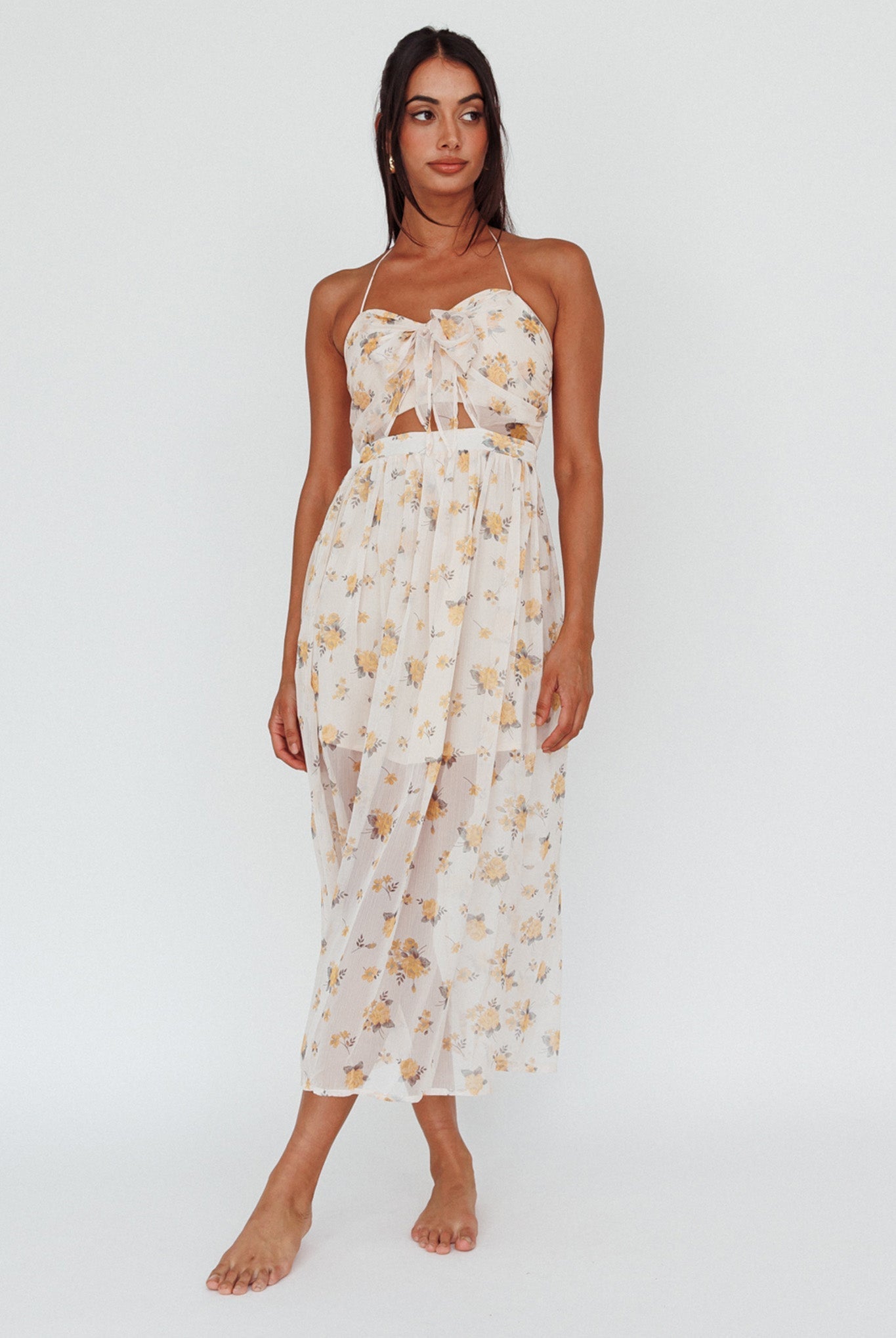 Los Feliz Tied Bust Halterneck Midi Dress Sheer Floral Yellow