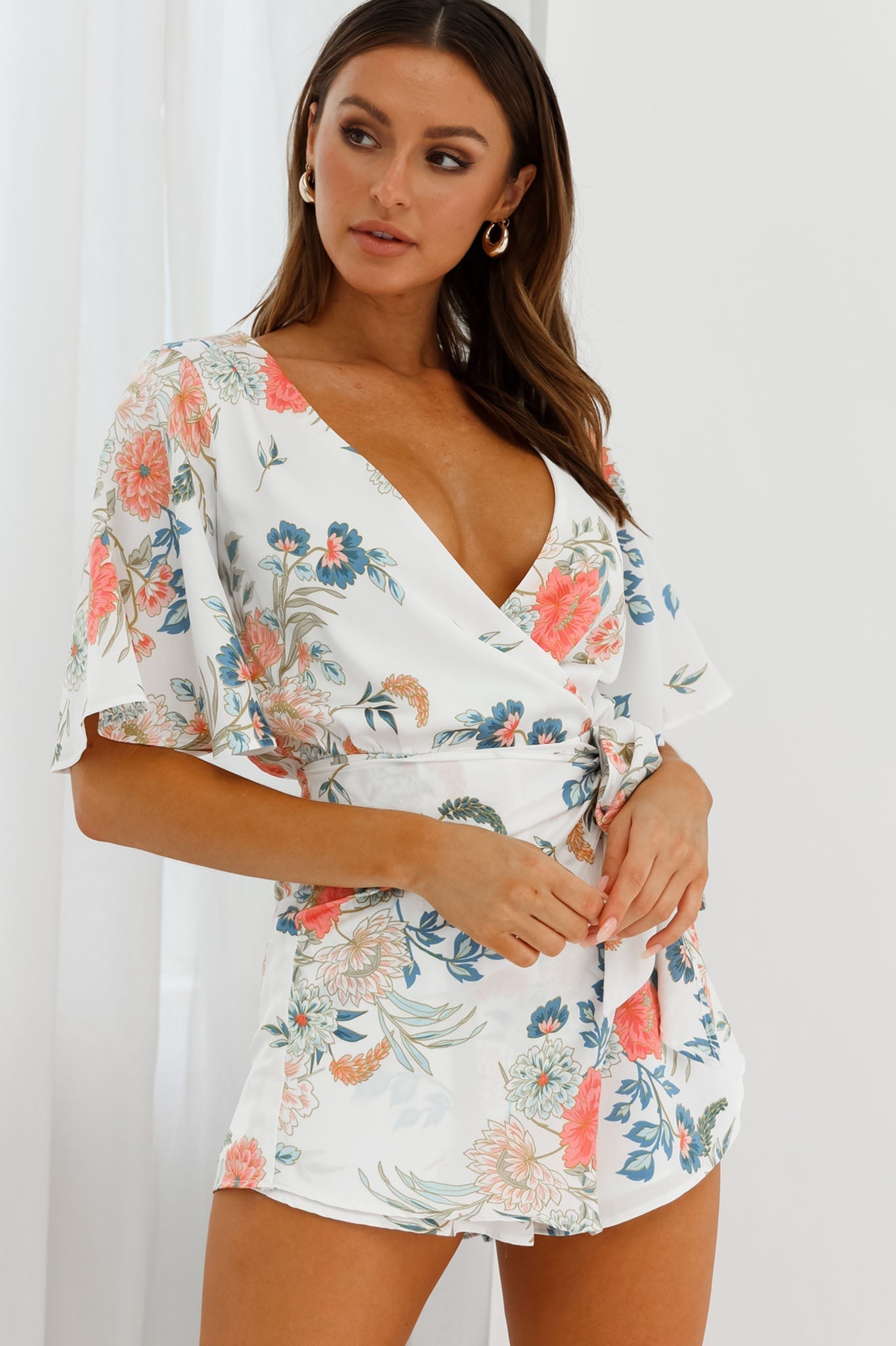 Nadi V-Neckline Wrap Romper Floral Print White