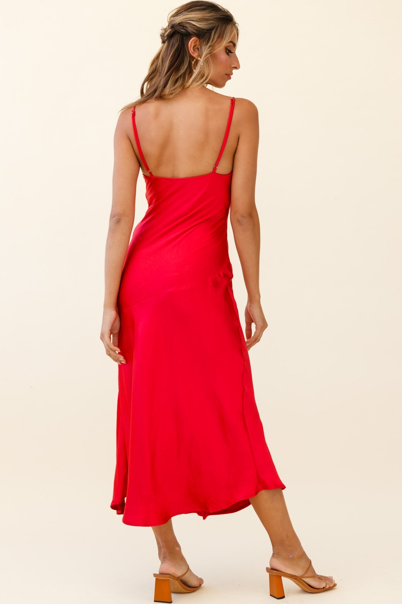 Downtown Cami Strap Front Split Midi Dress Wine