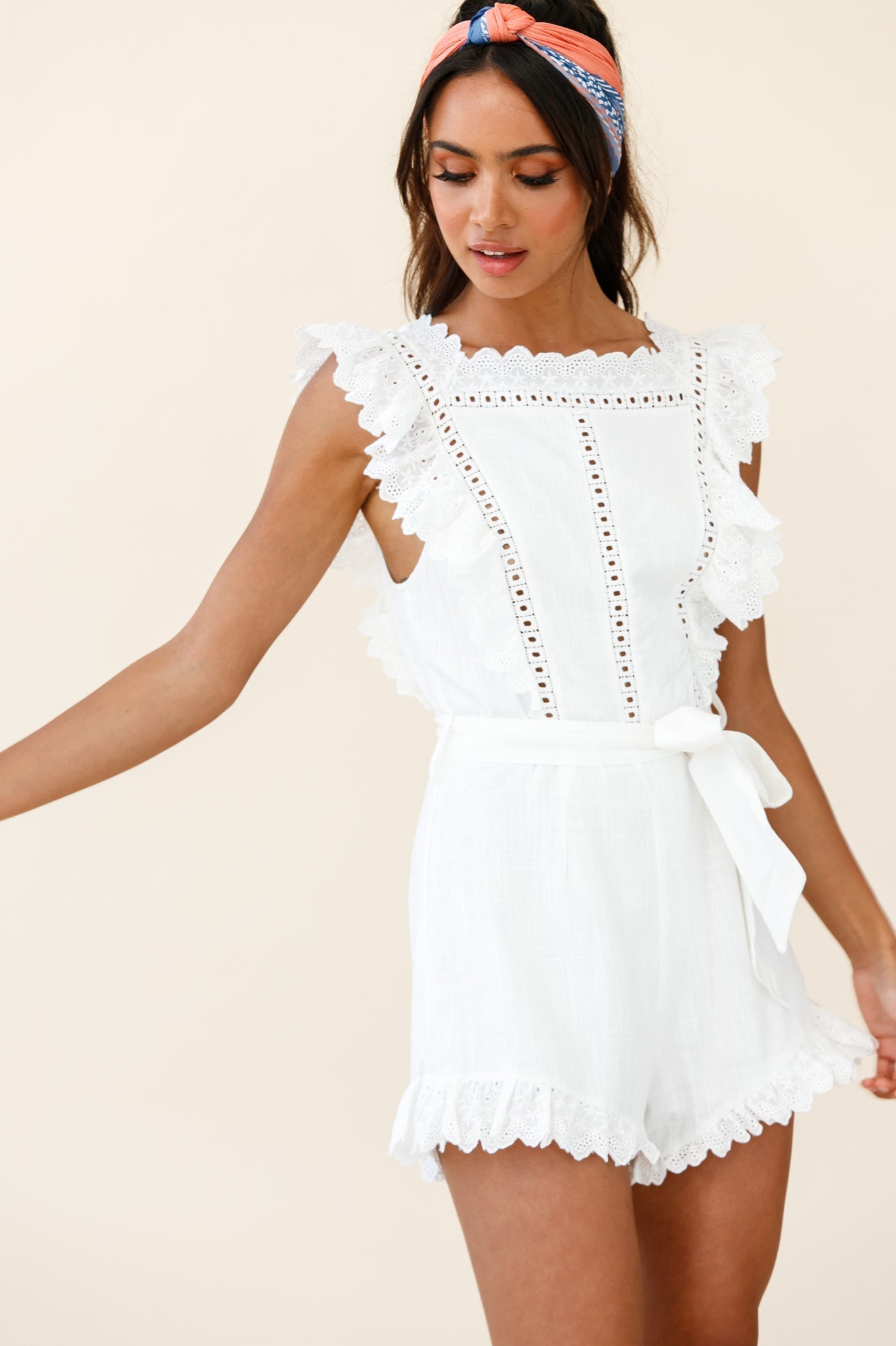 Meadow Ruffle Trim Waist Tie Romper White