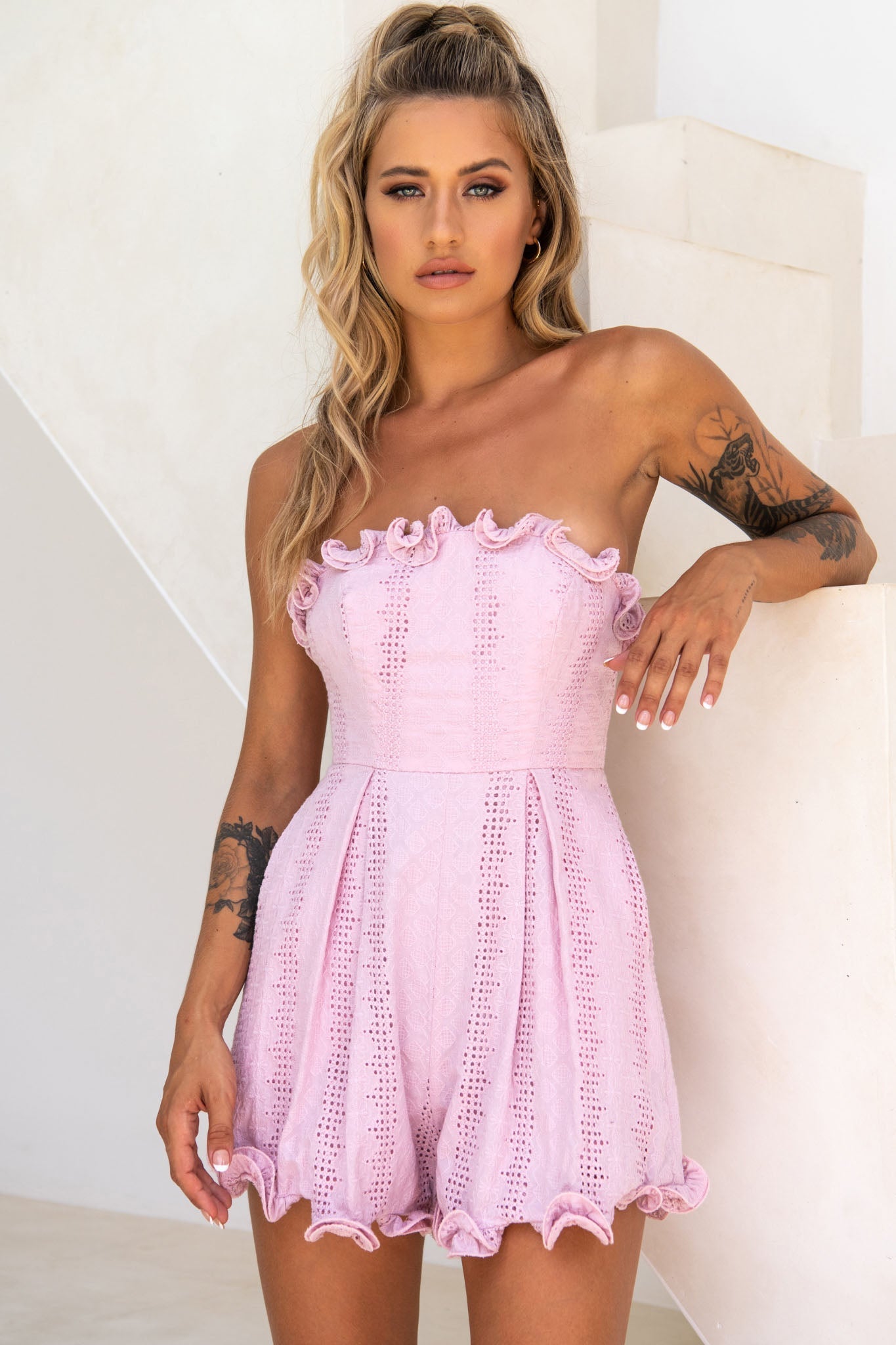 Paris In Spring Bandeau Frill Trim Romper Blush