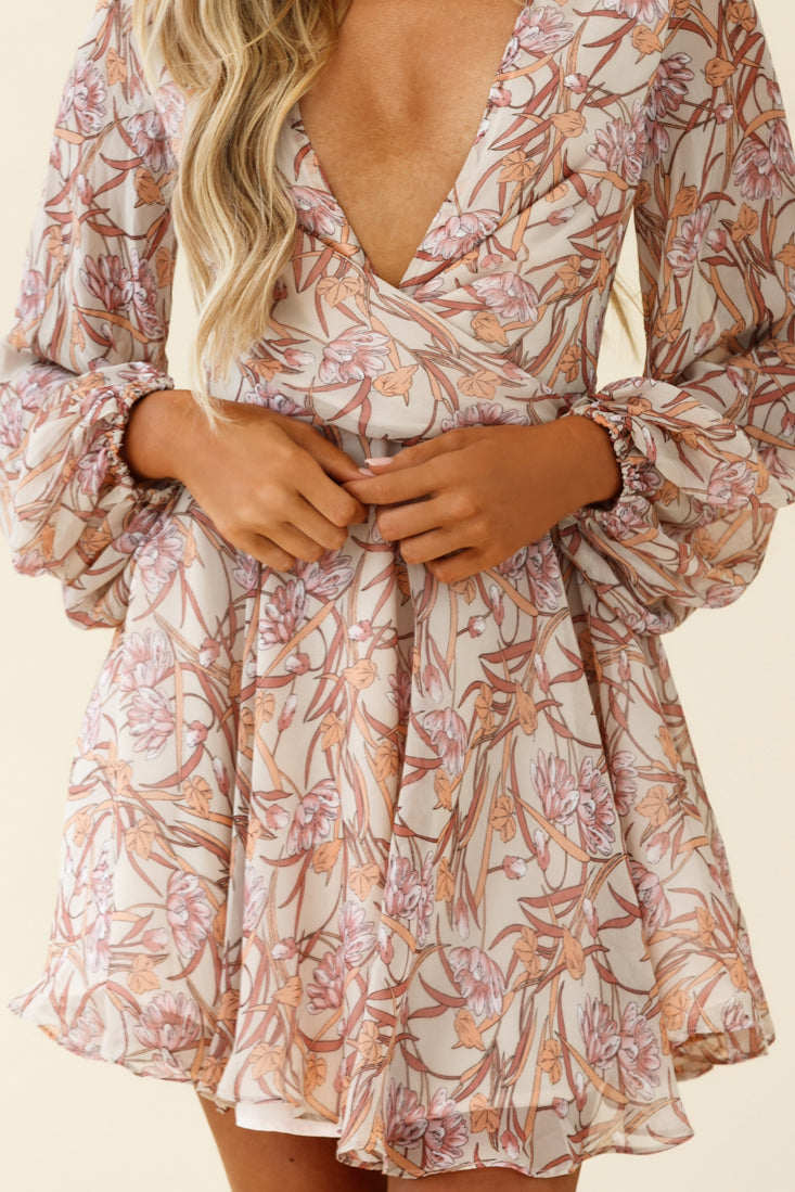 Jessinta Long Sleeve Pintuck Waist Dress Floral Print Nude