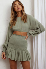 Aubrette Shirred Waist Mini Skirt Sage