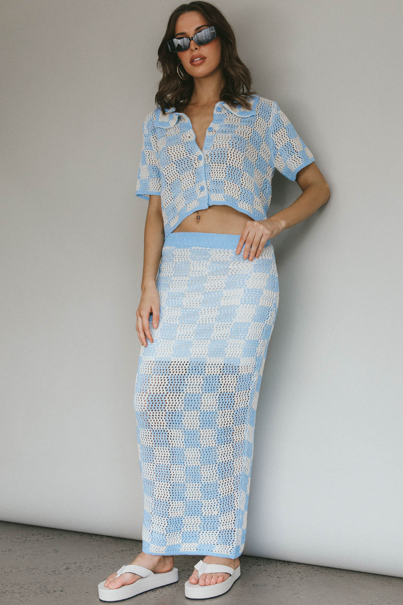 Byron Bay Crochet Buttoned Top Blue