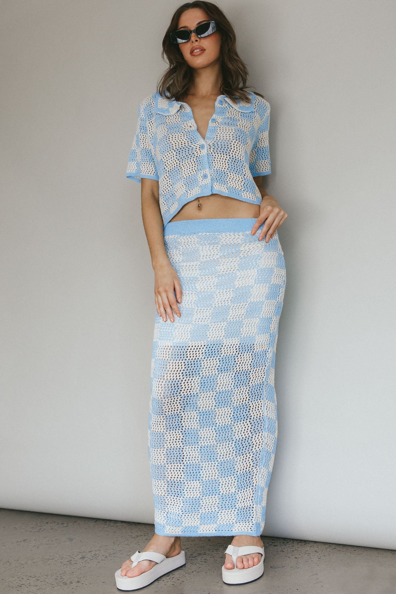 Byron Bay Crochet Buttoned Top Blue