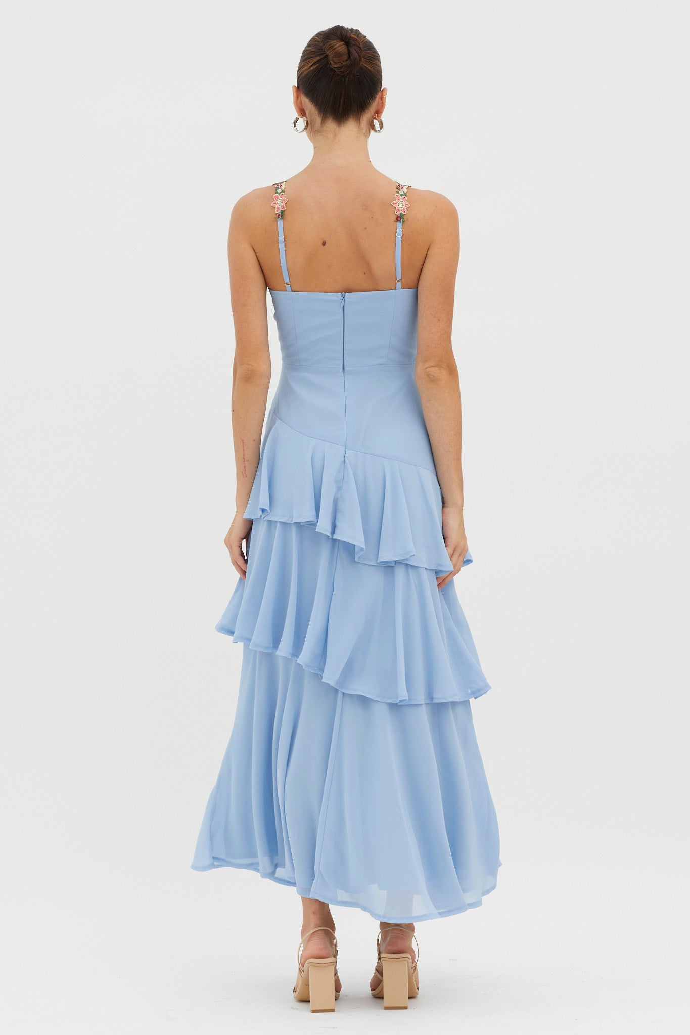 Rose Garden Tiered Ruffle Floral Trim Dress Blue