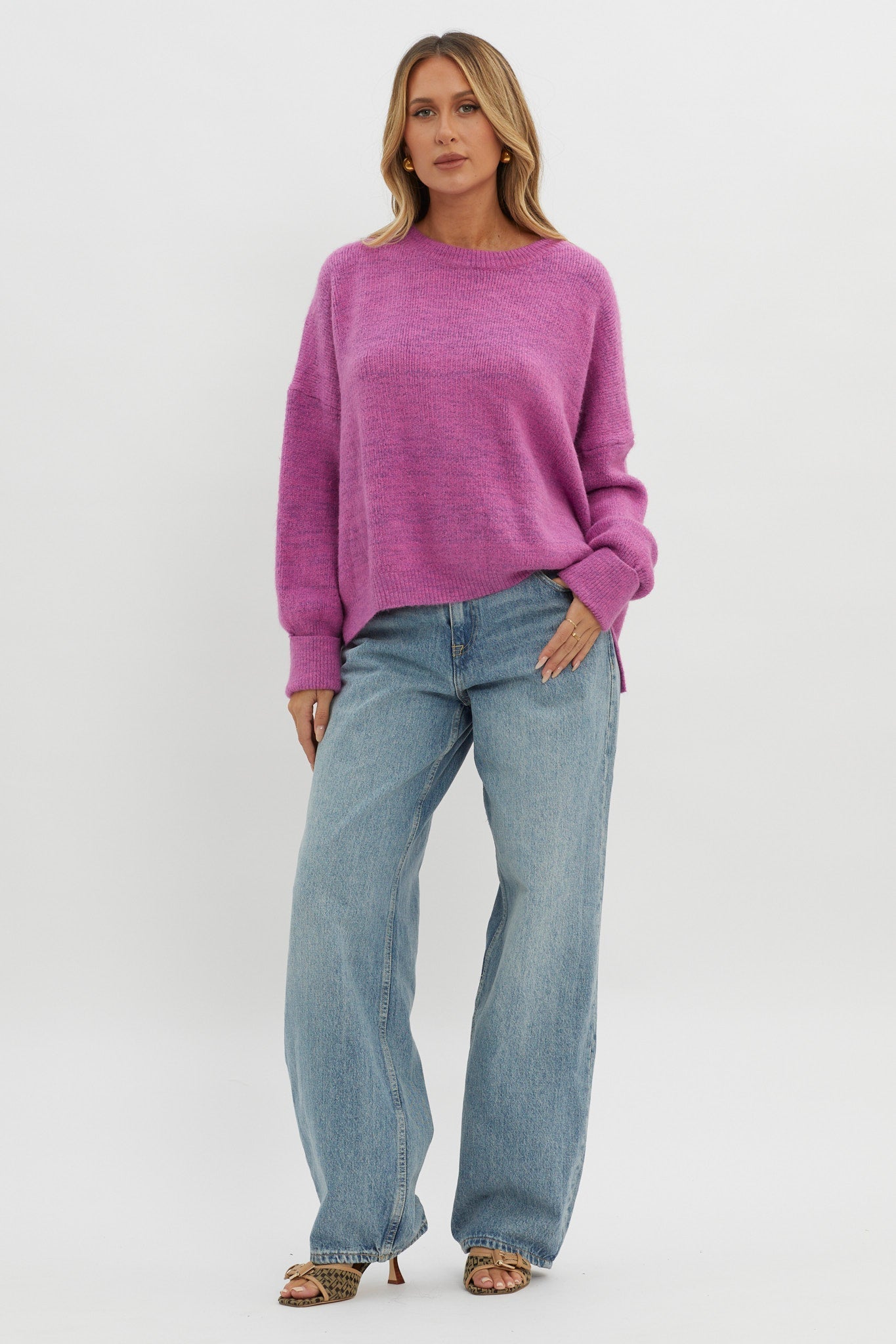 Kayce Dropped Shoulder Knit Sweater Fuchsia