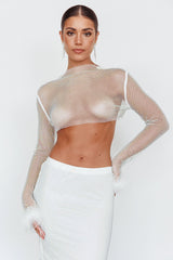 Slay All Day Feather Cuff Crop Top White