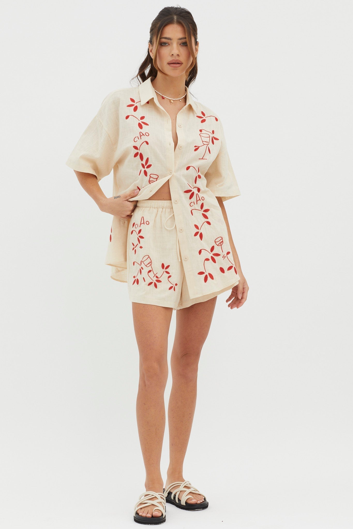 Ciao Ciao Embroidered Drawstring Shorts Oat