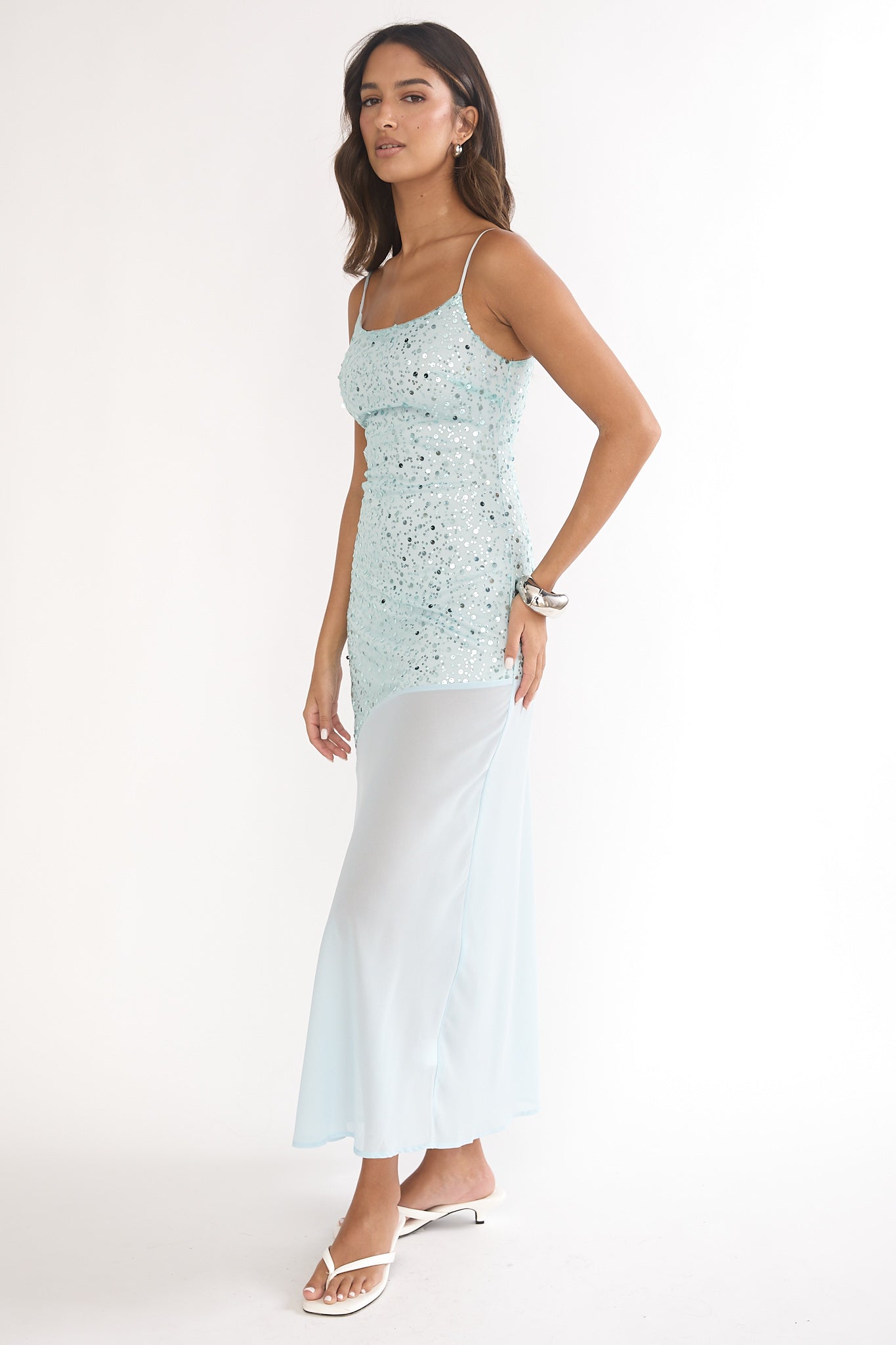 Gilded Dream Chiffon Hem Maxi Dress Sequin Sage