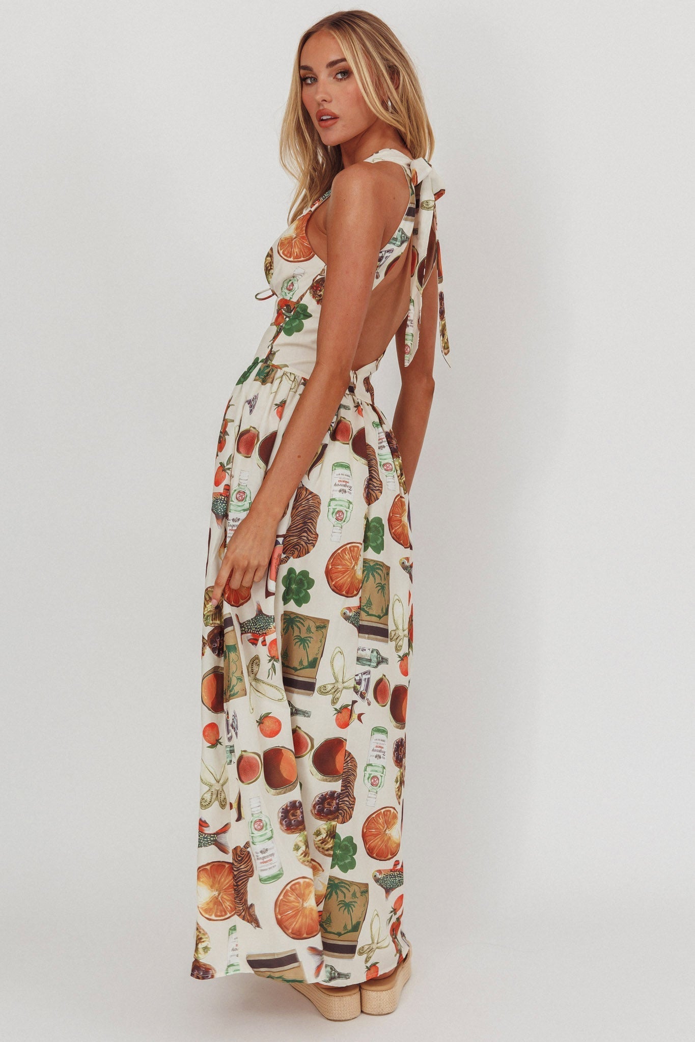 Clarette Basque Waist Open Back Maxi Dress Exotic Beige