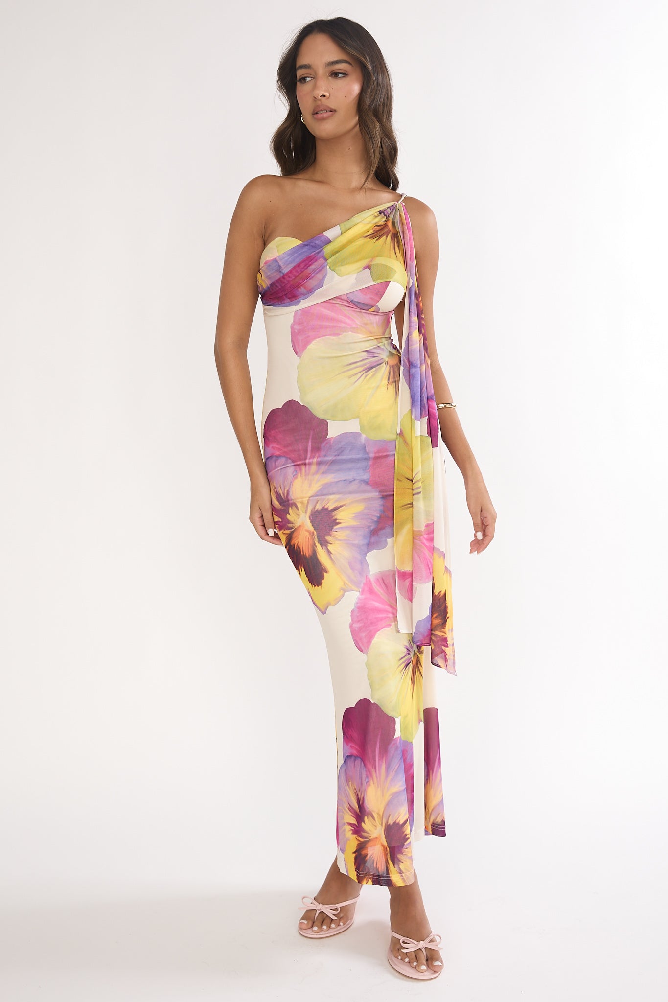 Tallis One-Shoulder Asymmetric Neckline Dress Beige
