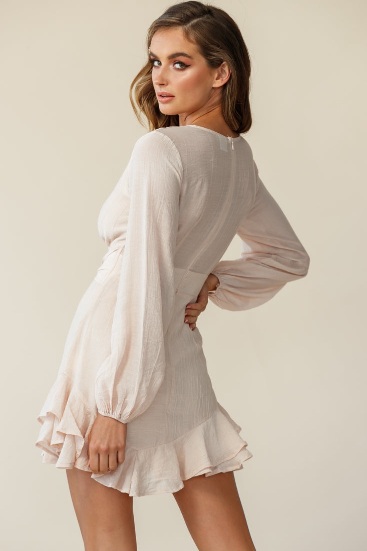 Maddox Long Sleeve Layered Ruffle Hem Dress Beige