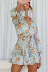 Maddox Fit & Flare Long Sleeve Romper Lily Print Pistachio