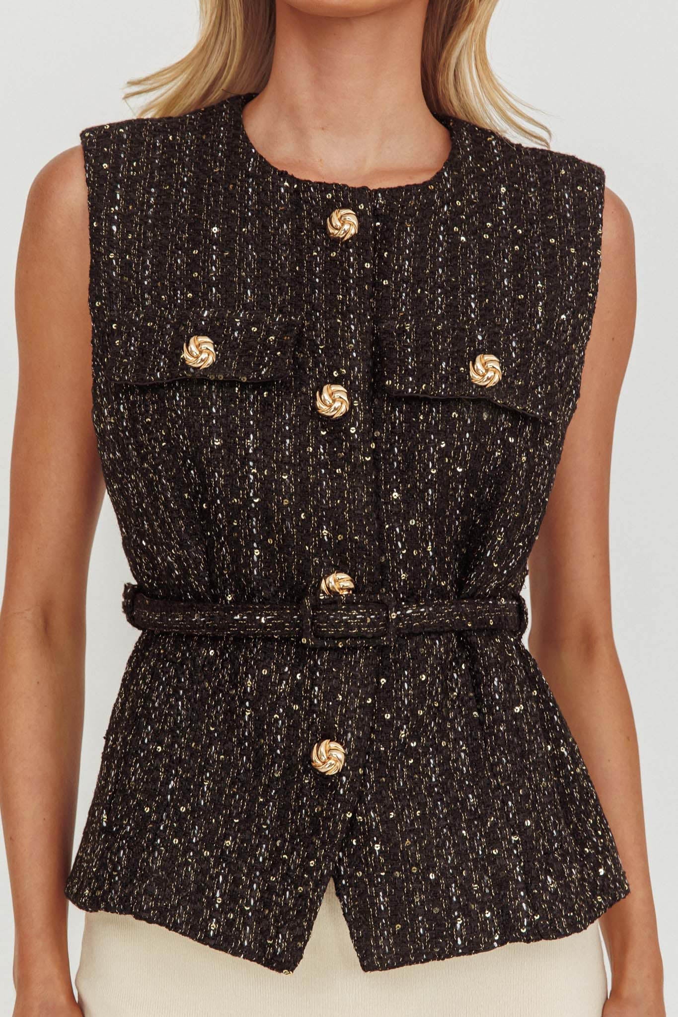 Zephyra Tweed Waist Belt Top Sequin Black