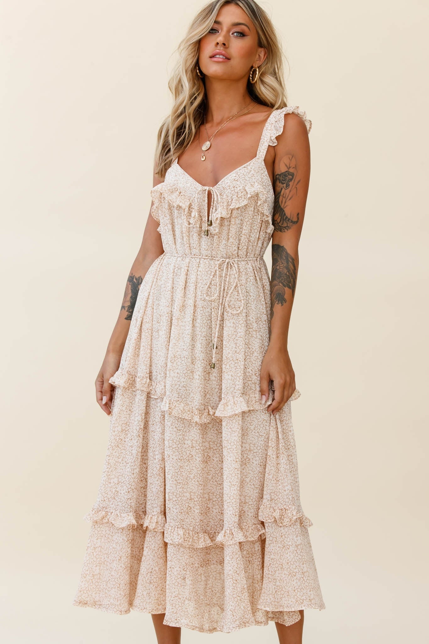 Priscilla Frill Detail Maxi Dress Floral Print Beige