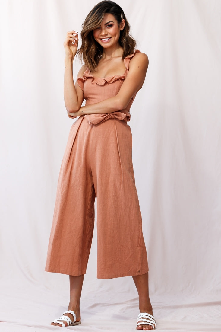 Kaia Ruffle Strap Wide-Leg Capri Jumpsuit Tan