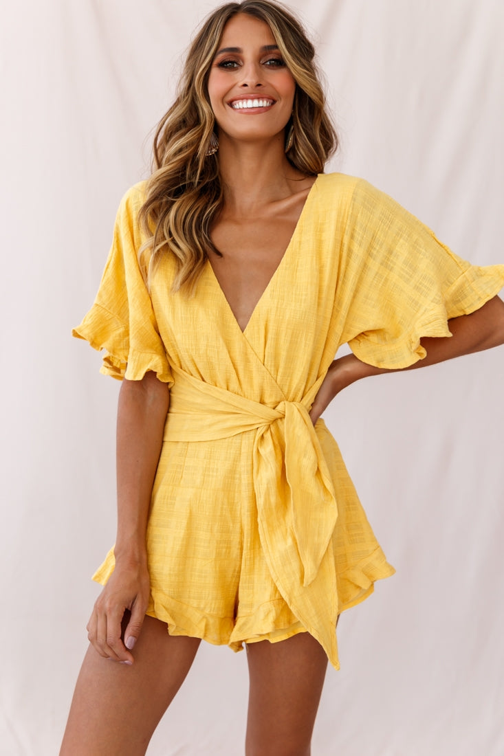 Karin Frill Trim Waist Tie Romper Mustard