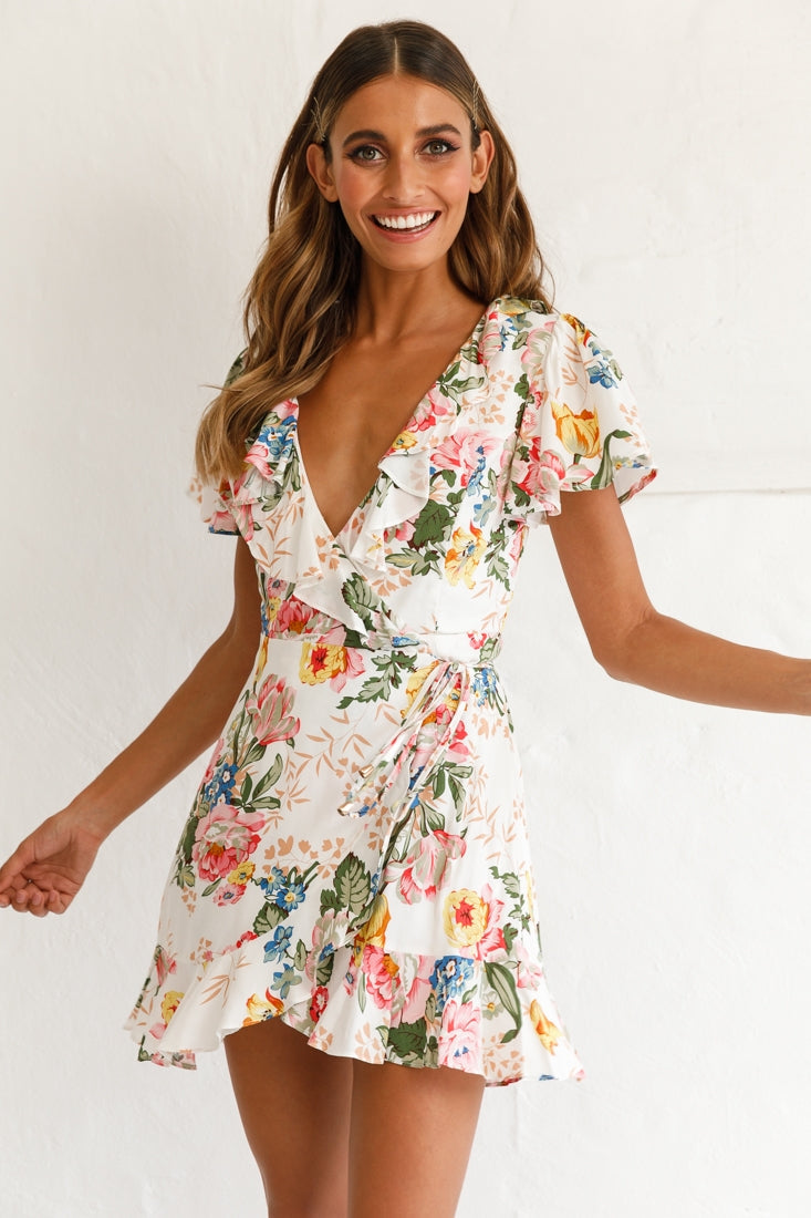 Love Story Angel Sleeve Wrap Dress Floral Print White