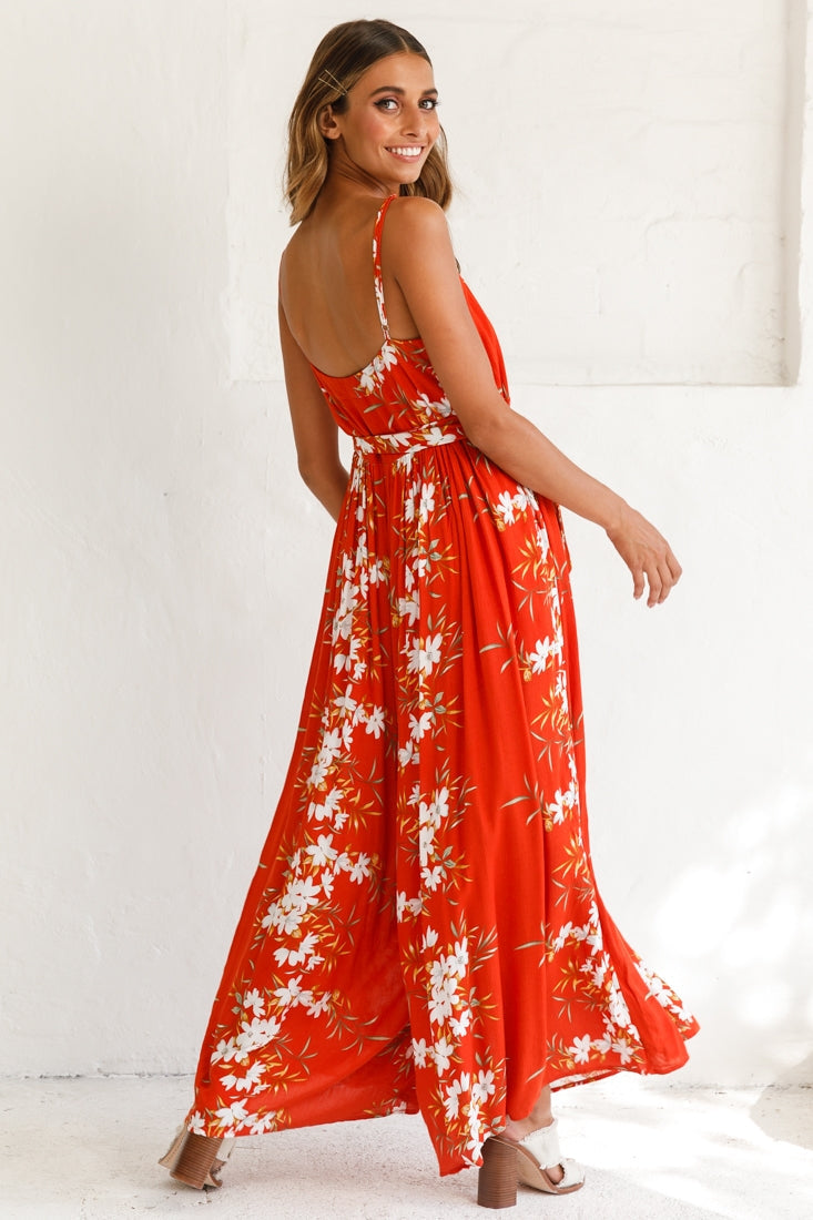 Morgan Square Neckline Wide-Leg Jumpsuit Floral Print Rust