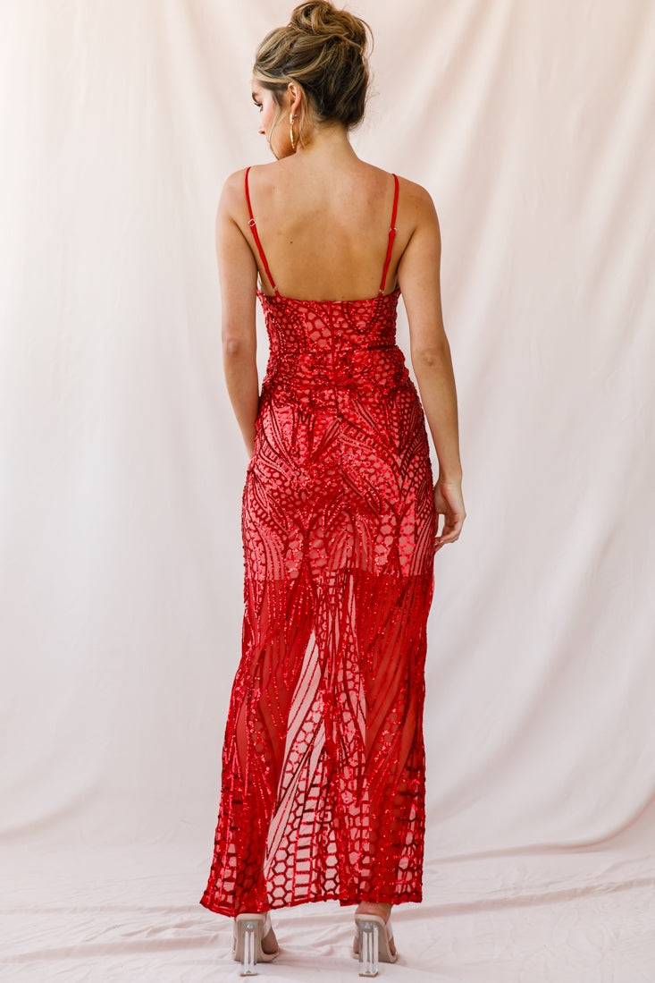 Miya Sequin Overlay Plunging Neckline Dress Red