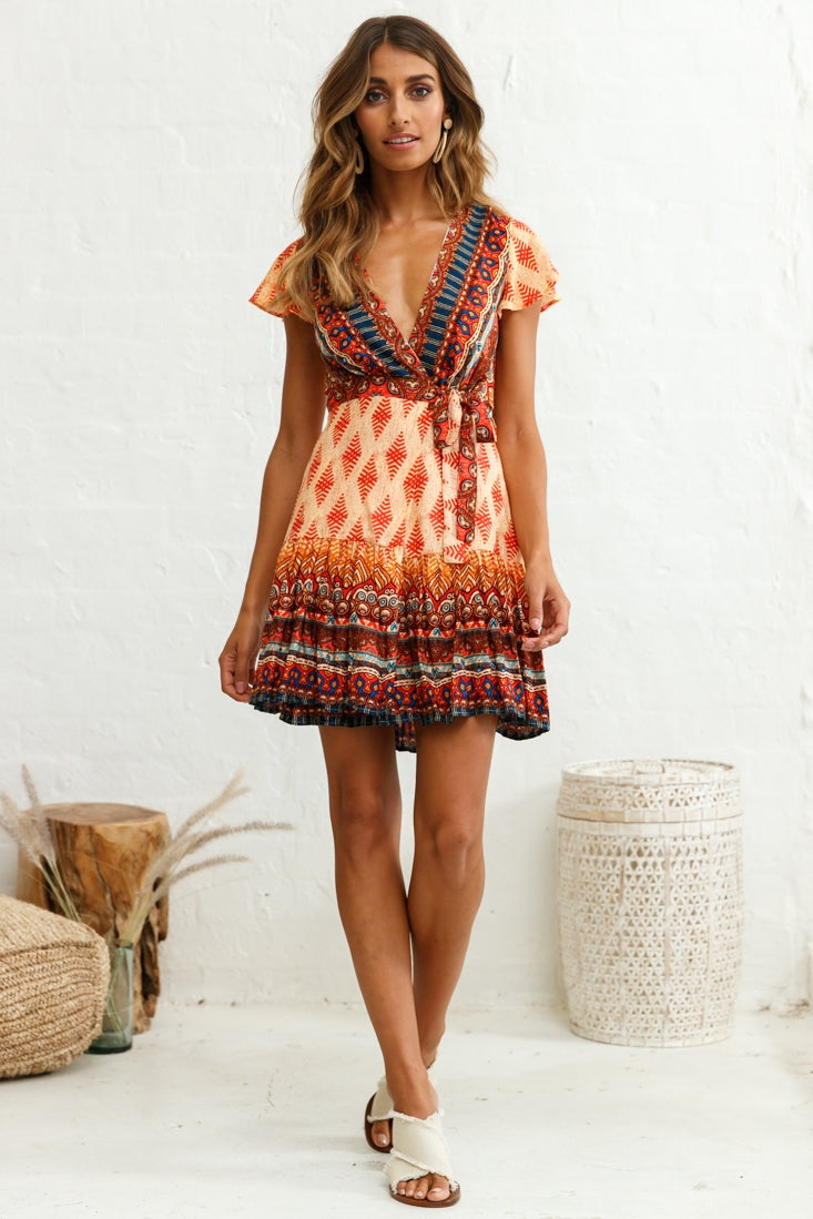 Mayan Angel Sleeve Waist Tie Dress Red Print